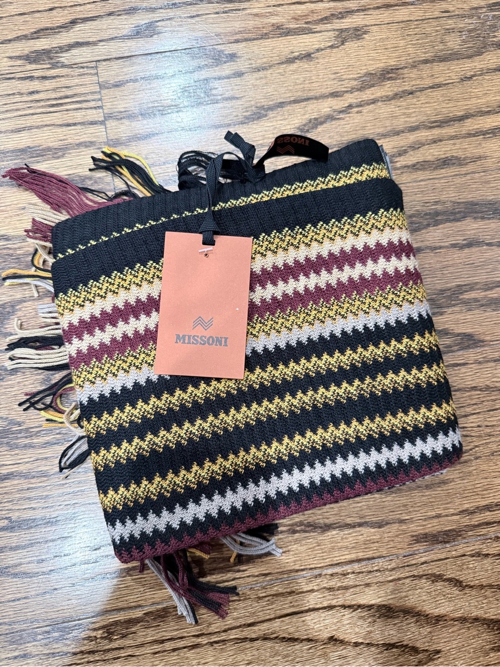Missoni Black, Burgundy, Cream & Yellow Zigzag Knit Scarf